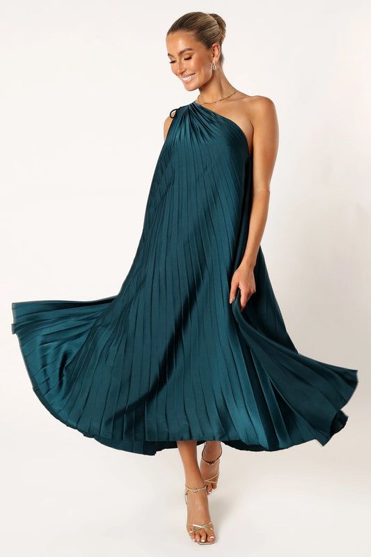 Asymmetric One-Shoulder Pleated Midi