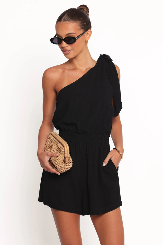Black Linen-Blend One-Shoulder Romper