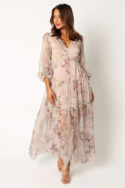 Button-Front Floral V-Neck Maxi Dress