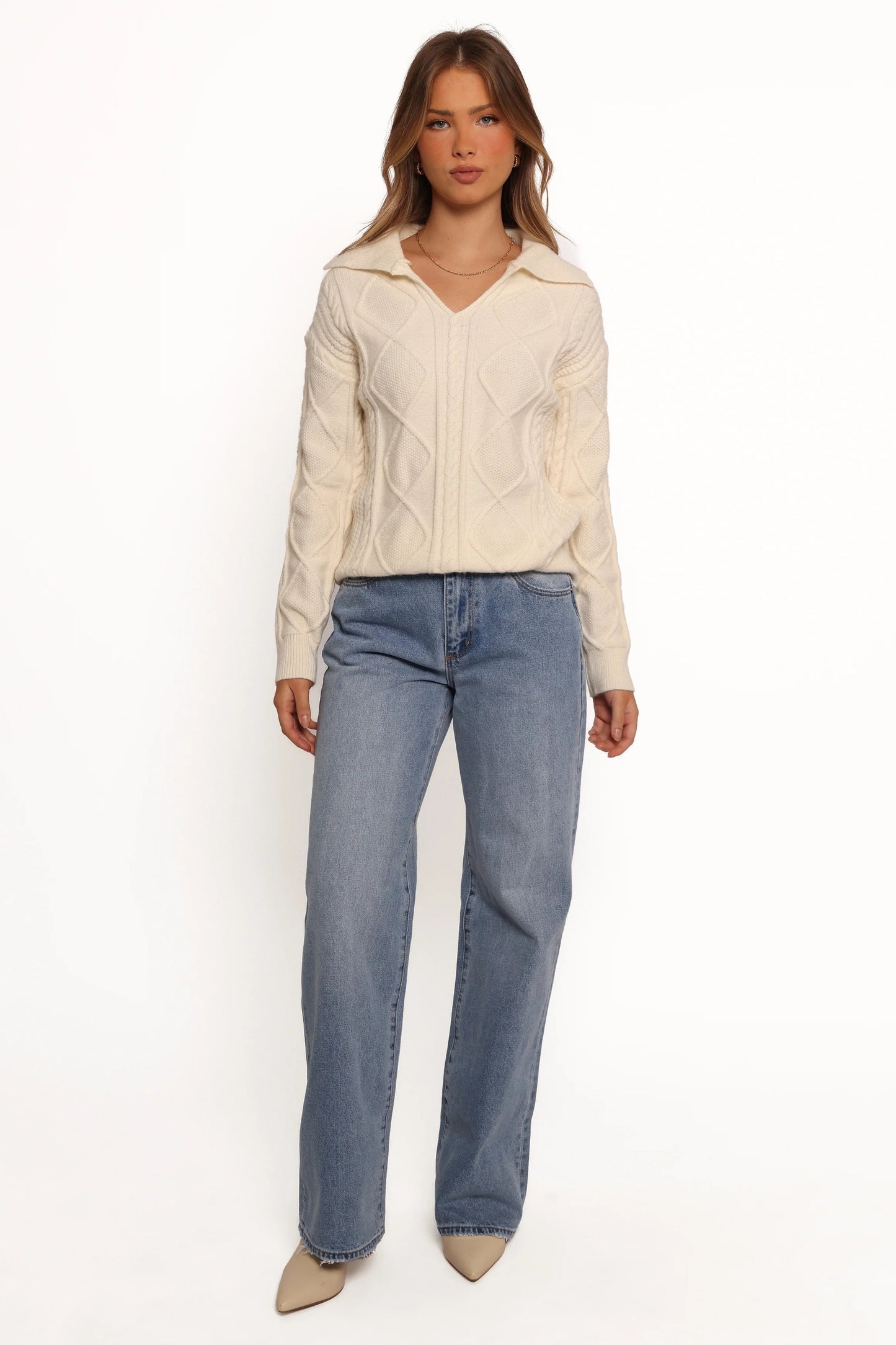 Cable-Knit Spread-Collar Sweater
