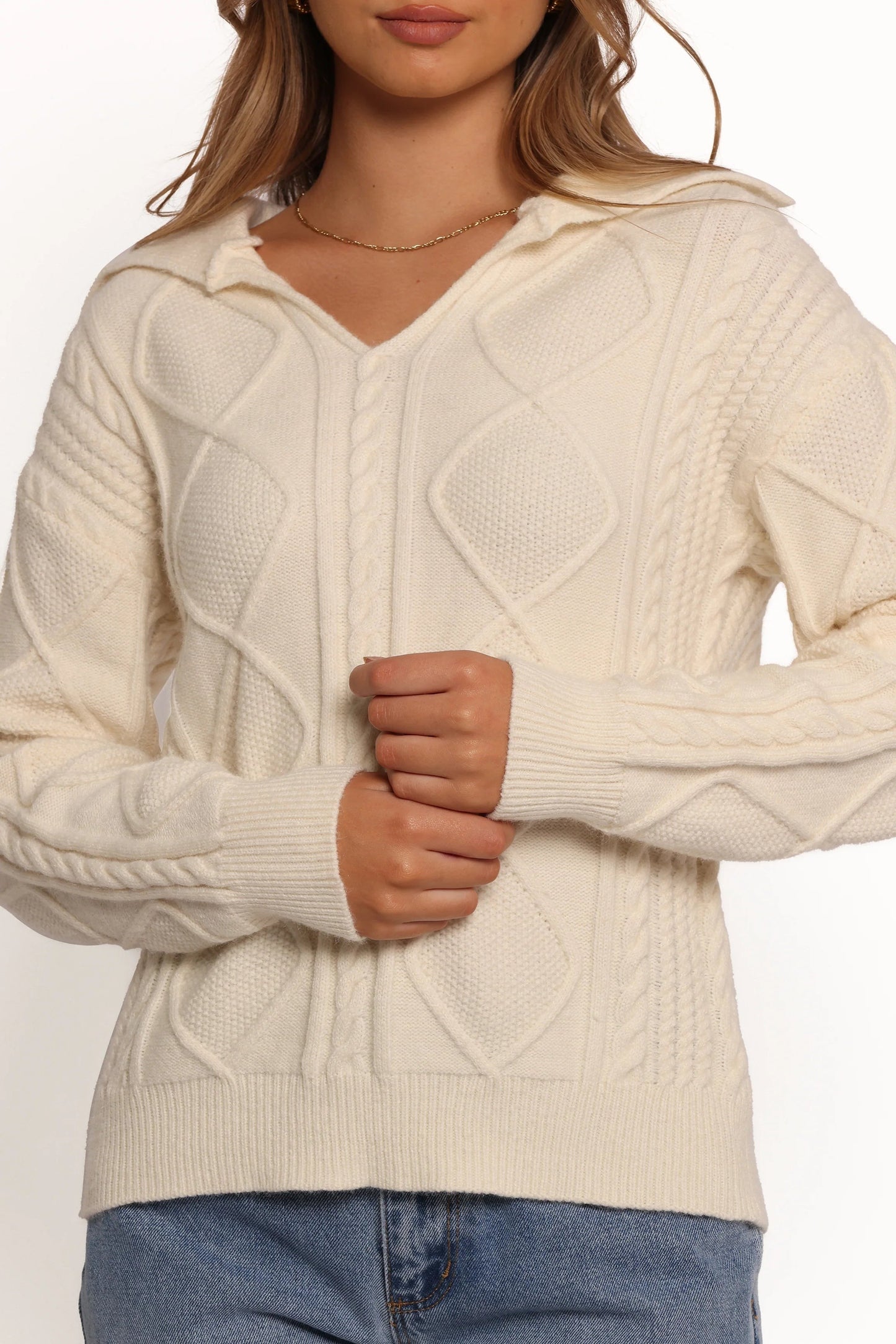 Cable-Knit Spread-Collar Sweater