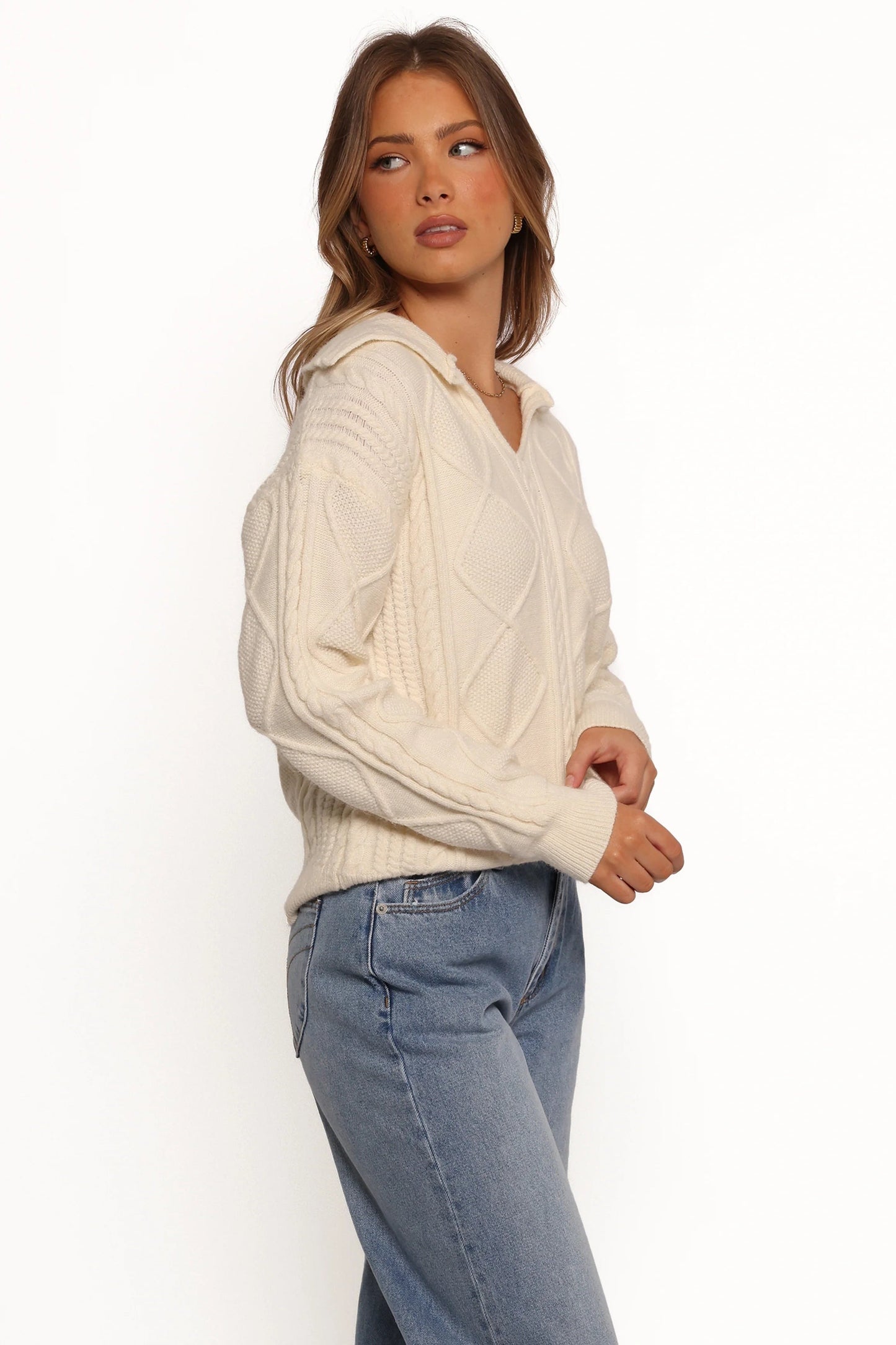 Cable-Knit Spread-Collar Sweater
