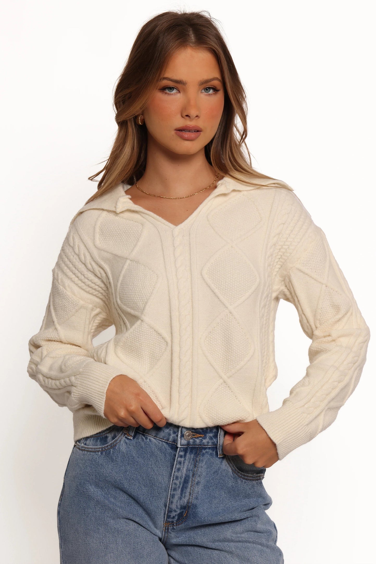 Cable-Knit Spread-Collar Sweater