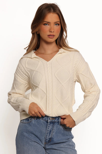 Cable-Knit Spread-Collar Sweater