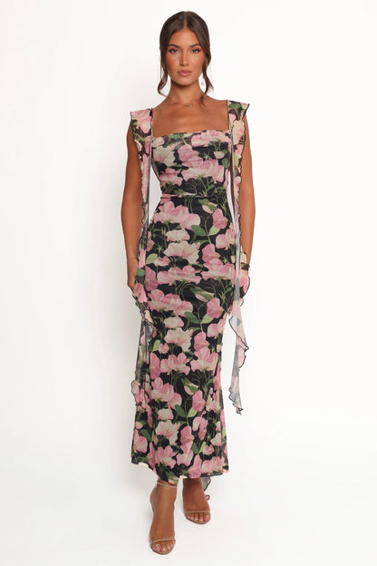 Cowl-Neck Flounce-Strap Maxi Dress