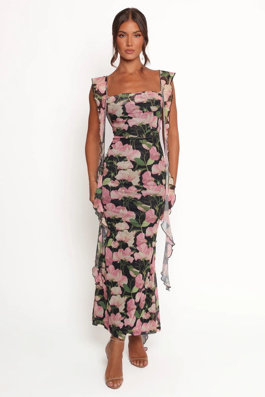 Cowl-Neck Flounce-Strap Maxi Dress