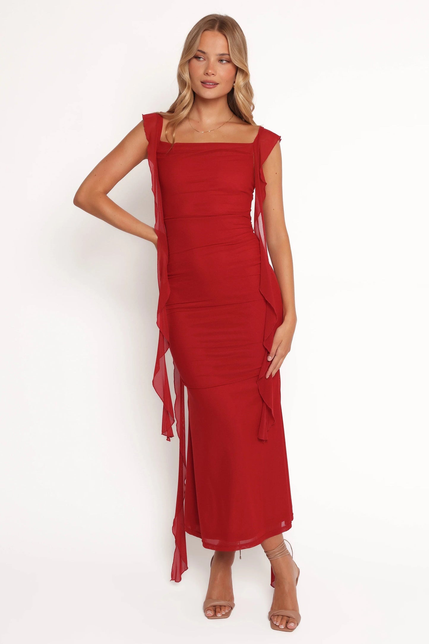 Cowl-Neck Flounce-Strap Maxi Dress