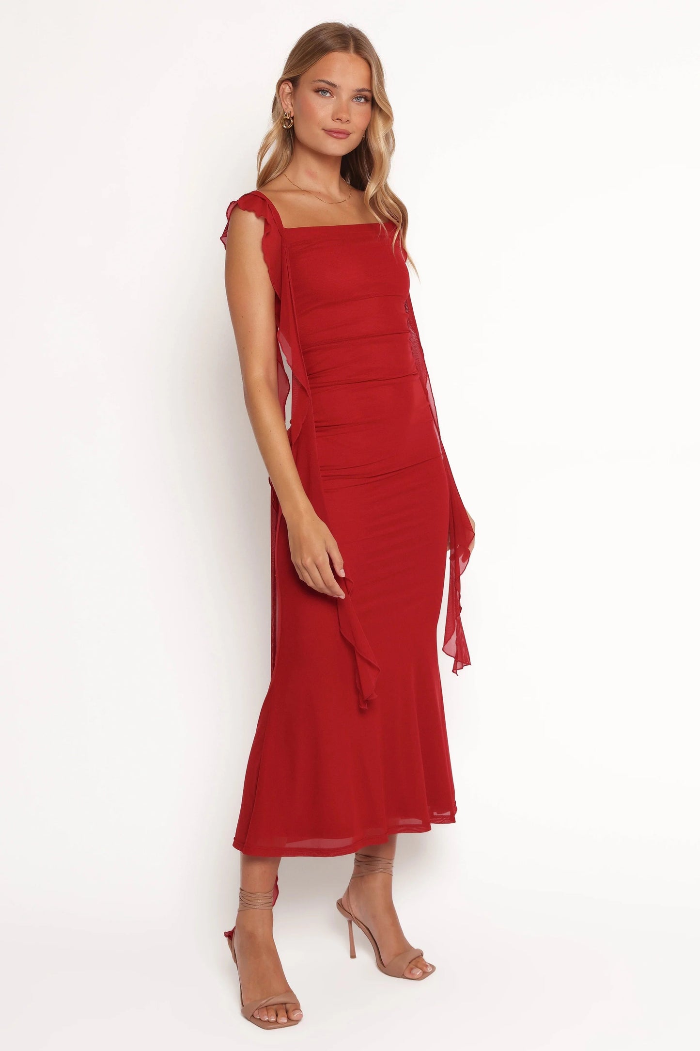 Cowl-Neck Flounce-Strap Maxi Dress