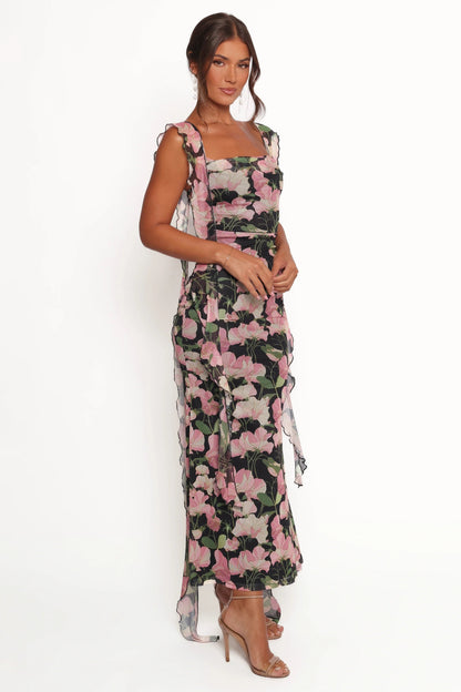 Cowl-Neck Flounce-Strap Maxi Dress
