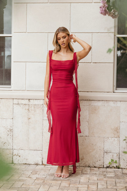 Cowl-Neck Flounce-Strap Maxi Dress