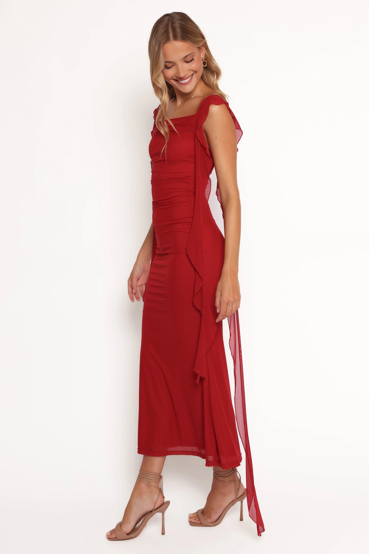 Cowl-Neck Flounce-Strap Maxi Dress