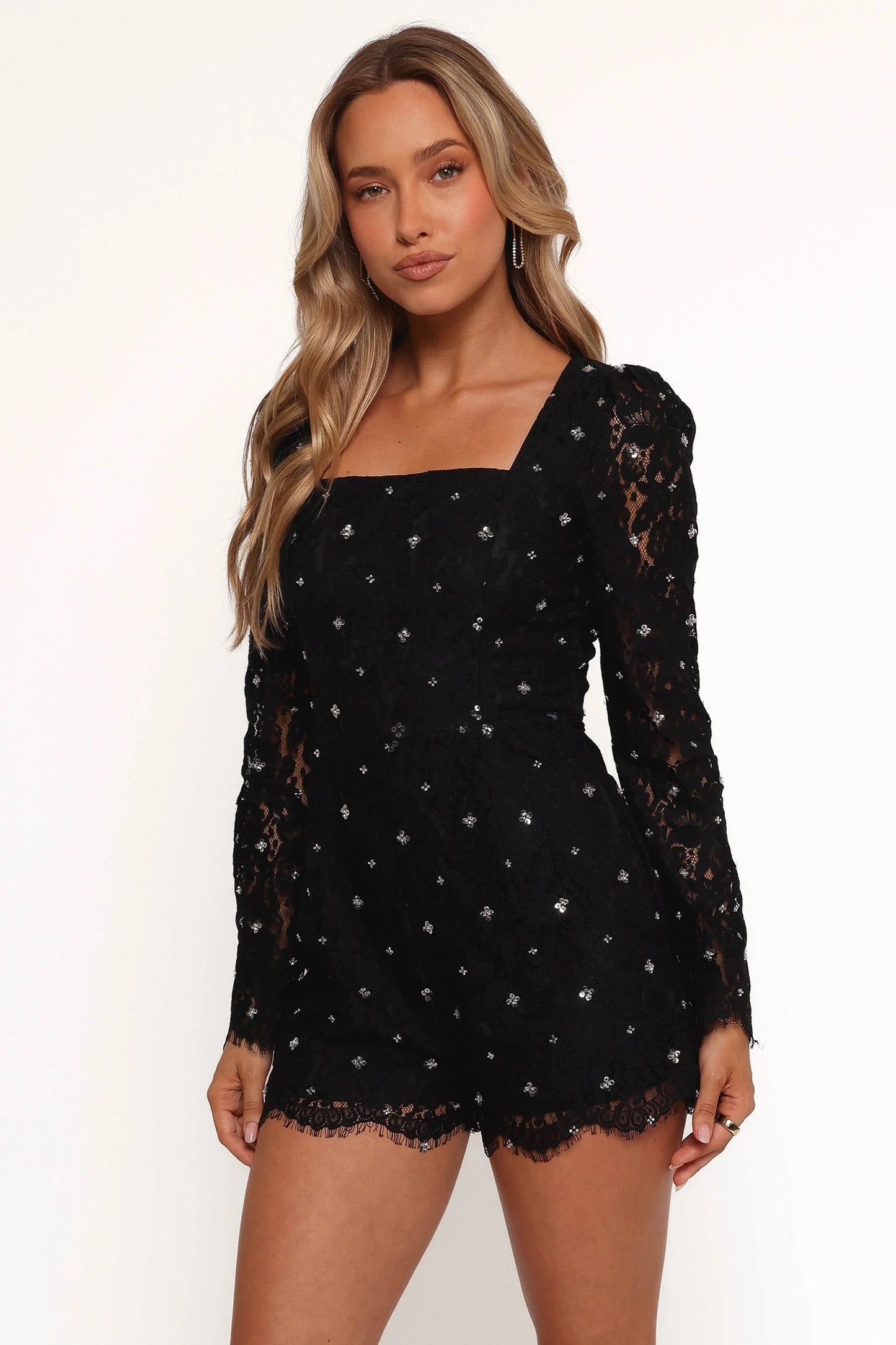 Lace-Trim Long-Sleeve Romper