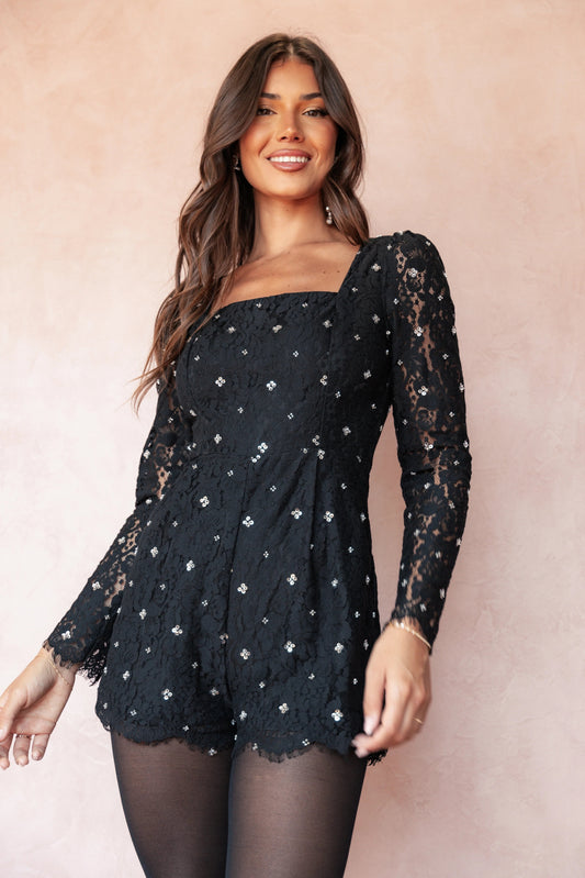 Lace-Trim Long-Sleeve Romper