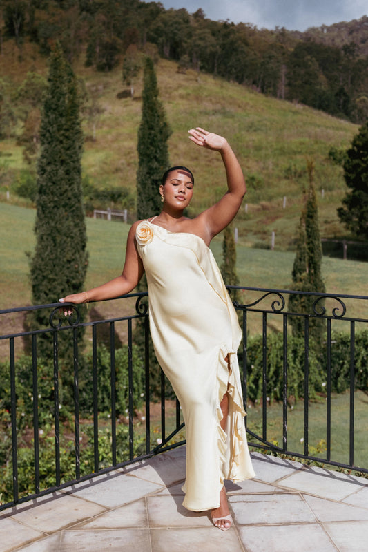 One-Shoulder Rosette Maxi Dress