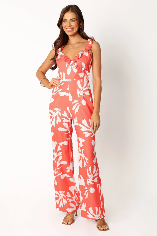 Tropical Frill-Neck Wide-Leg Jumpsuit